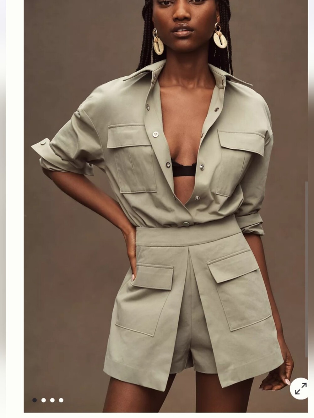 Mare Mare Long-Sleeve Utility Romper Anthropologie khaki Medium - Picture 3 of 15